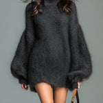 ElevenOra Chic Elegant Navy Mock Neck Oversized Long Lantern Sleeve Mohair Knit Mini Dress