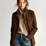 ElevenOra Vintage Casual Khaki Wool Blend Stand Collar Epaulet Multi-Pocket Short Coat