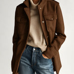 ElevenOra Vintage Casual Khaki Wool Blend Stand Collar Epaulet Multi-Pocket Short Coat