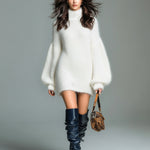 ElevenOra Chic Elegant Navy Mock Neck Oversized Long Lantern Sleeve Mohair Knit Mini Dress