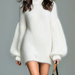 ElevenOra Chic Elegant Navy Mock Neck Oversized Long Lantern Sleeve Mohair Knit Mini Dress