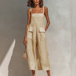 ElevenOra Chic Elegant Pink Cotton Linen Blend Thin Straps Sleeveless  Patch Pockets Loose-Fit Wide-Leg Cropped Jumpsuit