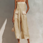 ElevenOra Chic Elegant Pink Cotton Linen Blend Thin Straps Sleeveless  Patch Pockets Loose-Fit Wide-Leg Cropped Jumpsuit