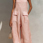 ElevenOra Chic Elegant Pink Cotton Linen Blend Thin Straps Sleeveless  Patch Pockets Loose-Fit Wide-Leg Cropped Jumpsuit