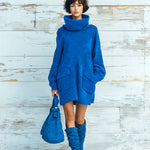 ElevenOra Chic Elegant Royal Blue Faux Suede Oversized Turtleneck Long Lantern Sleeve Patch Pocket Mini Dress