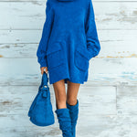 ElevenOra Chic Elegant Royal Blue Faux Suede Oversized Turtleneck Long Lantern Sleeve Patch Pocket Mini Dress
