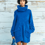 ElevenOra Chic Elegant Royal Blue Faux Suede Oversized Turtleneck Long Lantern Sleeve Patch Pocket Mini Dress