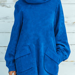 ElevenOra Chic Elegant Royal Blue Faux Suede Oversized Turtleneck Long Lantern Sleeve Patch Pocket Mini Dress