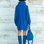 ElevenOra Chic Elegant Royal Blue Faux Suede Oversized Turtleneck Long Lantern Sleeve Patch Pocket Mini Dress