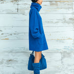 ElevenOra Chic Elegant Royal Blue Faux Suede Oversized Turtleneck Long Lantern Sleeve Patch Pocket Mini Dress