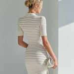 ElevenOra Chic Elegant Beige Black Stripe Deep V-Neck Short Sleeve Slim-Fit Waffle Knit Bodycon Mini Dress