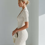 ElevenOra Chic Elegant Beige Black Stripe Deep V-Neck Short Sleeve Slim-Fit Waffle Knit Bodycon Mini Dress