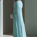 ElevenOra Chic Elegant Baby Blue High Waist Patch Pocket Details Ribbed Knit Wide-Leg Pants