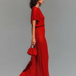 ElevenOra Chic Elegant Red Boat Neck Short-Sleeve Loose-Fit Breathable Knit Maxi Dress (Including A Slip Dress)