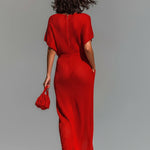 ElevenOra Chic Elegant Red Boat Neck Short-Sleeve Loose-Fit Breathable Knit Maxi Dress (Including A Slip Dress)
