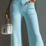 ElevenOra Chic Elegant Baby Blue High Waist Patch Pocket Details Ribbed Knit Wide-Leg Pants