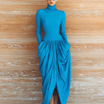 ElevenOra Chic Vintage Dark Blue Turtleneck Slim-Fit Long-Sleeve Top Ruched Irregular Hem Maxi Skirt Two-Piece Set
