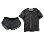 2 Pack Men's Breathable See-Through Hollow Design Loose-Fit Activewear Tops & Shorts