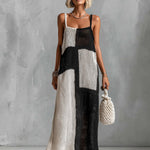 ElevenOra Chic Elegant Black-White Colorblock Spaghetti-Strap Square-Neck Sleeveless Loose-Fit Hollow-Knit Maxi Dress