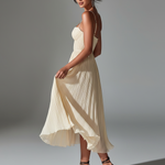 ElevenOra Chic Elegant Off-White Spaghetti Straps Sweetheart-Neck Sleeveless Slim-Fit A-Line Side-Slit Pleated Chiffon Midi Dress