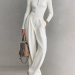 ElevenOra Chic Elegant Zip-up Mock Neck Slim-Fit Sweater Elastic Waist Wide-Leg Pants Knit Two-Piece Set