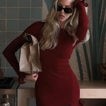 SARAH™ - Elegant Colorblock Wave Hem A-Line Long Sleeve Dress