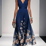 Rose | Light Blue Floral Chiffon V-Neck Maxi Dress