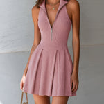 ElevenOra Chic Elegant Camel Zipper-Front Lapel Collar Sleeveless Tailored Waist Pleated A-Line Ribbed Knit Mini Dress