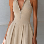 ElevenOra Chic Elegant Camel Zipper-Front Lapel Collar Sleeveless Tailored Waist Pleated A-Line Ribbed Knit Mini Dress