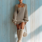 ElevenOra Casual Vintage Light Brown Square Neck Chunky Knit Lantern Sleeve Vintage Slouchy Knit Mini Dress