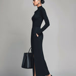 ElevenOra Casual Office Cotton Blend Turtleneck Long Sleeve High Side Slit Bodycon Maxi Dress