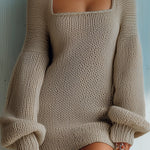 ElevenOra Casual Vintage Light Brown Square Neck Chunky Knit Lantern Sleeve Vintage Slouchy Knit Mini Dress