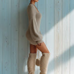 ElevenOra Casual Vintage Light Brown Square Neck Chunky Knit Lantern Sleeve Vintage Slouchy Knit Mini Dress