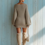ElevenOra Casual Vintage Light Brown Square Neck Chunky Knit Lantern Sleeve Vintage Slouchy Knit Mini Dress