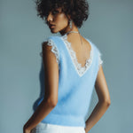 ElevenOra Chic Vintage Blue V-Neck Lace Trim Details Sleeveless Loose-Fit Fuzzy Knit Tank Top