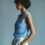 ElevenOra Chic Vintage Blue V-Neck Lace Trim Details Sleeveless Loose-Fit Fuzzy Knit Tank Top