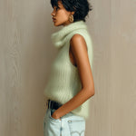 ElevenOra Chic Vintage Light Green Cowl Collar Sleeveless Fuzzy Ribbed Knit Tank Top