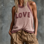 ElevenOra Chic Casual Camel Colorblock Chenille Embroidery Round-Neck Sleeveless Loose-Fit Knit Tank Top