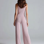 ElevenOra Chic Elegant Pink Stand Collar Sleeveless Zipper-Front Tailored Waist Wide Leg Ribbed Knit Jumpsuit