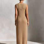 ElevenOra Chic Elegant Camel V-Neck Button-Front Sleeveless Loose-Fit Ribbed Knit Maxi Dress