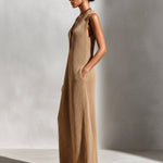 ElevenOra Chic Elegant Camel V-Neck Button-Front Sleeveless Loose-Fit Ribbed Knit Maxi Dress