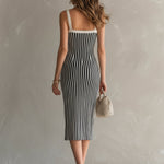 ElevenOra Chic Elegant Cream White-Black Stripes Square Neck Sleeveless Button-Front Slim-Fit Knit Midi Dress