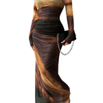 TESSIE™ - Women's All-Over Print Ruched Bodycon Dress Long Sleeve Round Neck Dress for Party