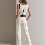 ElevenOra Chic Elegant Cream White V-Neck Sleeveless Contrast Trim Detail Elastic-Waist Loose-Fit Cable Knit Jumpsuit