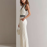 ElevenOra Chic Elegant Cream White V-Neck Sleeveless Contrast Trim Detail Elastic-Waist Loose-Fit Cable Knit Jumpsuit
