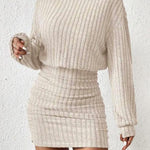 MEGAN™ - Stylish Drop Shoulder Ribbed Dress with Turtleneck