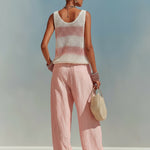 ElevenOra Chic Elegant Pink-White Stripes V-Neck Sleeveless Loose-Fit Knit Tank Top Pink Satin Pants Two-Piece Set