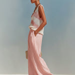 ElevenOra Chic Elegant Pink-White Stripes V-Neck Sleeveless Loose-Fit Knit Tank Top Pink Satin Pants Two-Piece Set