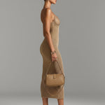 ElevenOra Chic Elegant Camel V-Neck Spaghetti Straps Sleeveless Lace Patch Slim-Fit Detail Ribbed Knit Bodycon Midi Dress