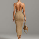 ElevenOra Chic Elegant Camel V-Neck Spaghetti Straps Sleeveless Lace Patch Slim-Fit Detail Ribbed Knit Bodycon Midi Dress